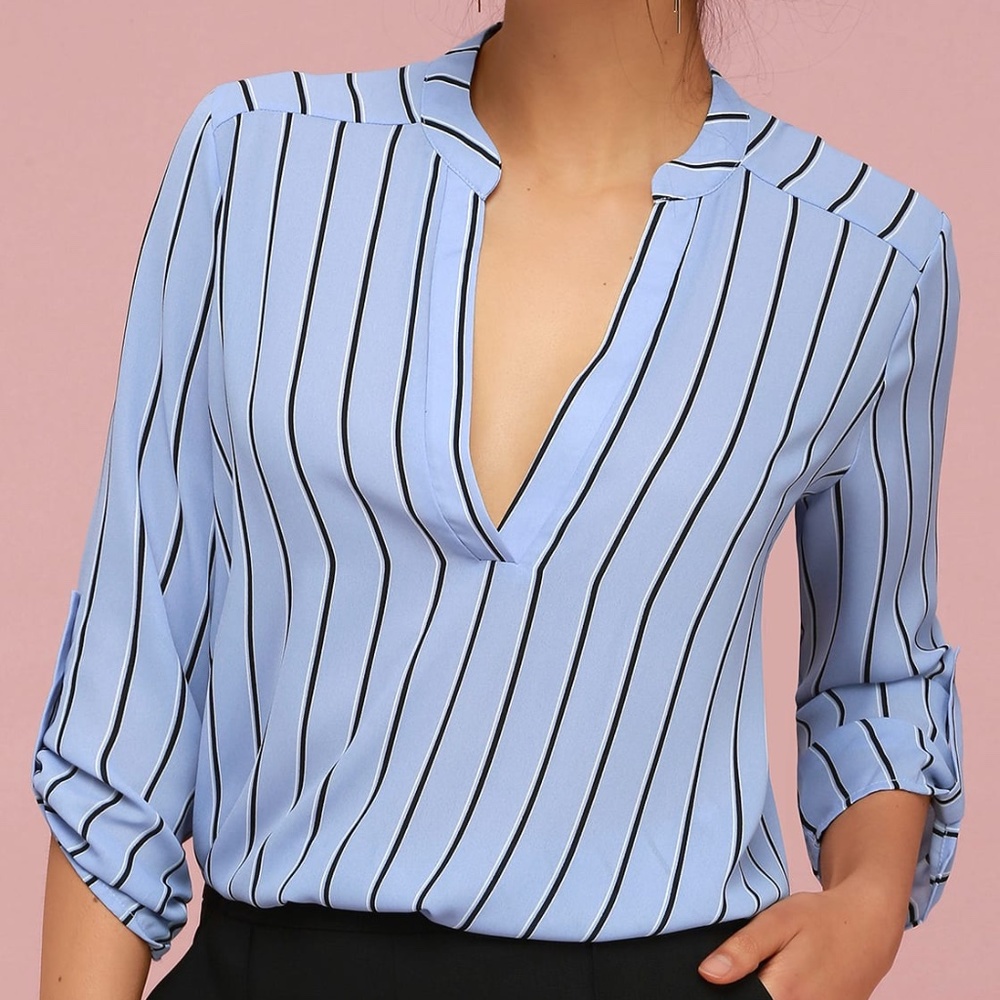 Lulu's V-sionary Black and Light Blue Striped Top